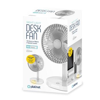 Platinet PRDF0326 Uzlādējams Galda Ventilators / 3 ātrumu līmeņi / 3000 mAh / Iebūvēta nakts lampa / Balta - Pelēka (PRDF0326)