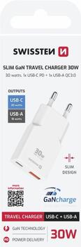 Swissten Slim Travel GaN USB-C / USB Tīkla Lādētājs 30W (22070201)
