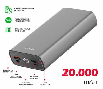 Swissten Aluminium Power Bank Переносная зарядная батарея 2xUSB / USB-C / Micro USB / 20W / 20000 mAh (22013916)