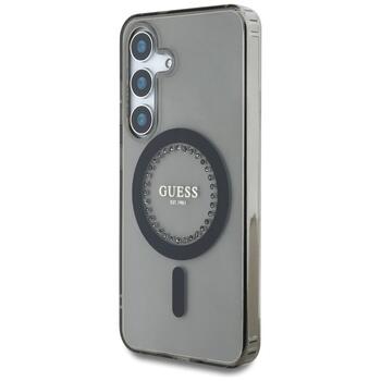 Case Guess Rhinestones Printed Classic Logo MagSafe Aizsargapvalks priekš Samsung Galaxy S25 / melns (GUHMS25SPFTDTEK)