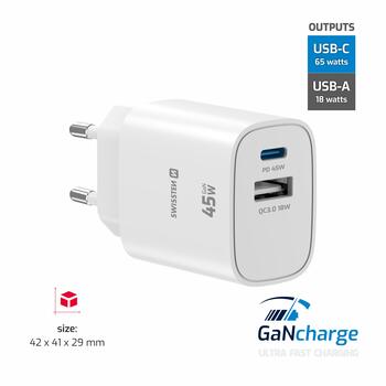 Swissten Edge GaN Tīkla Lādētājs USB-C PD 45W + USB-A 18W QC (22071718)