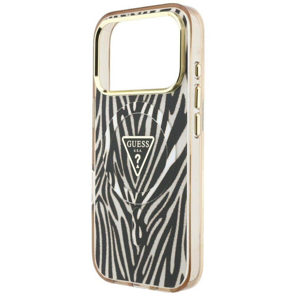 Guess IML Zebra Glitter Triangle Logo MagSafe Aizsargapvalks priekš iPhone 18 Pro Max / iPhone 17 Pro Max / zelts (GUHMP18X6HZPGTLD)