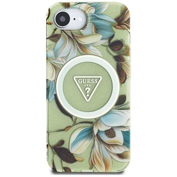 Case Guess IML Metal Glitter Flowers Triangle MagSafe Защитный чехол для iPhone 16e / 17e / зелёный (GUHMPSE4HFLPEDN)