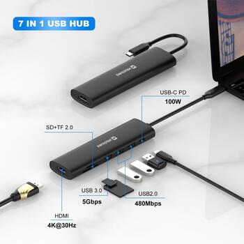 Swissten Daudzportu klēpjdatora dokstacija USB-C Hub 7in1 USB-C 100W / HDMI 4K / USB-A 3.0 / 2x USB-A 2.0 / SD / MicroSD (44040202)