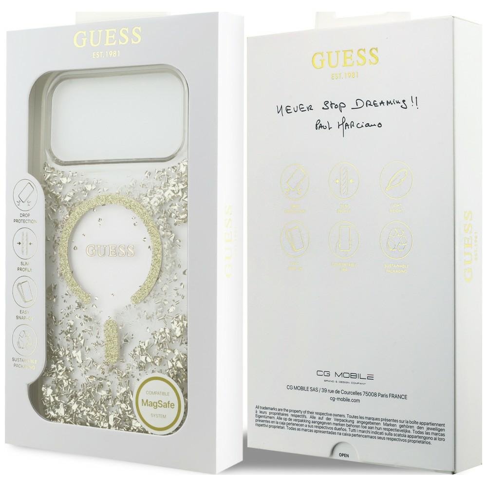 Guess Resin Bottom Glitter MagSafe Case Aizsargapvalks priekš iPhone 18 Pro Max / iPhone 17 Pro Max / zelta (GUHMP18XRGRGED)