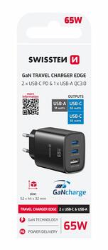 Swissten Edge Сетевое зарядное устройство 2x USB-C PD 65W + USB-A QC 18W Черный (22071721)