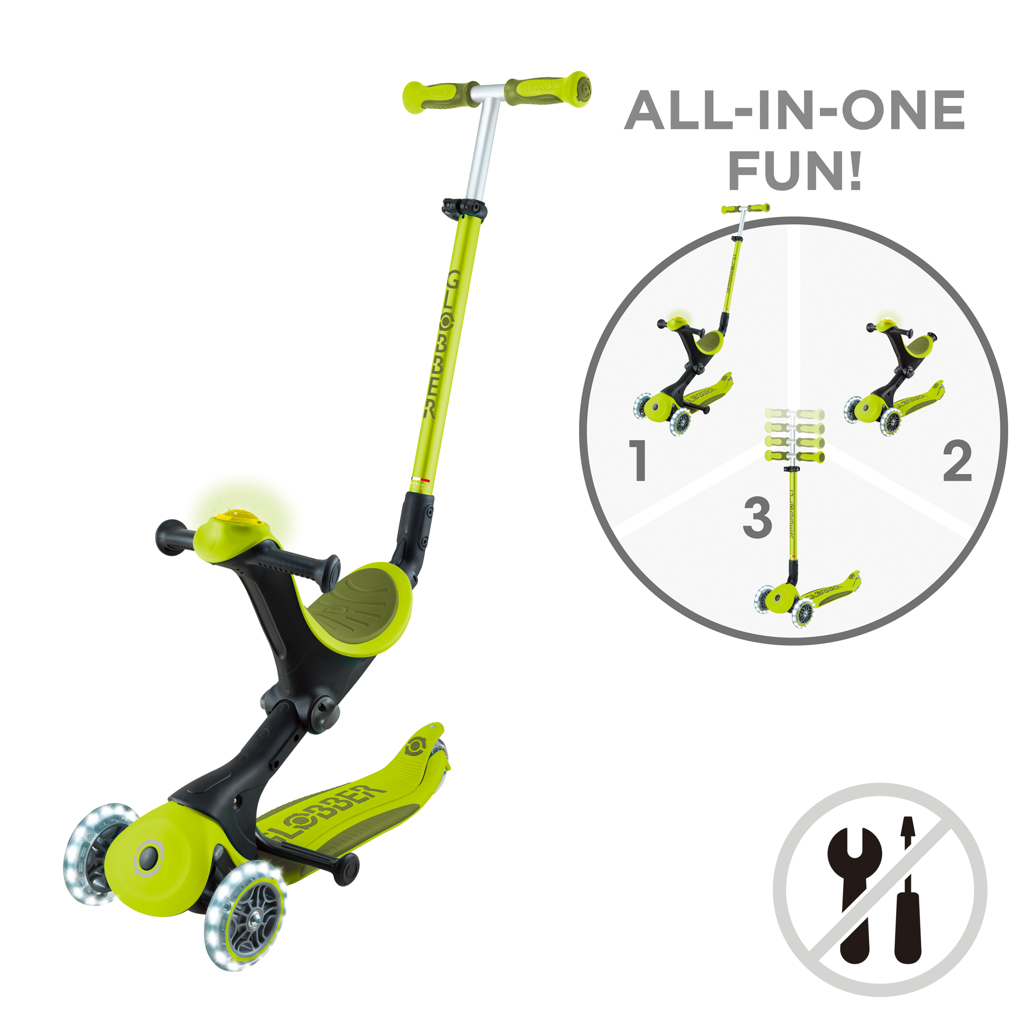 GLOBBER skrejritenis Go Up Deluxe Lights, laima zaļš, 748-606