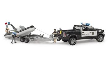 BRUDER RAM 2500 Police Pickup ar L+S moduli, piekabi un laivu, 02507