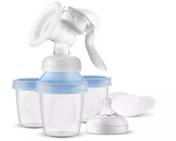 Philips Avent Lotus manuālais krūts piena sūknis ar trauciņiem piena/ēdiena uzglabāšanai (3 gab., + adapteris) (SCF430/13)
