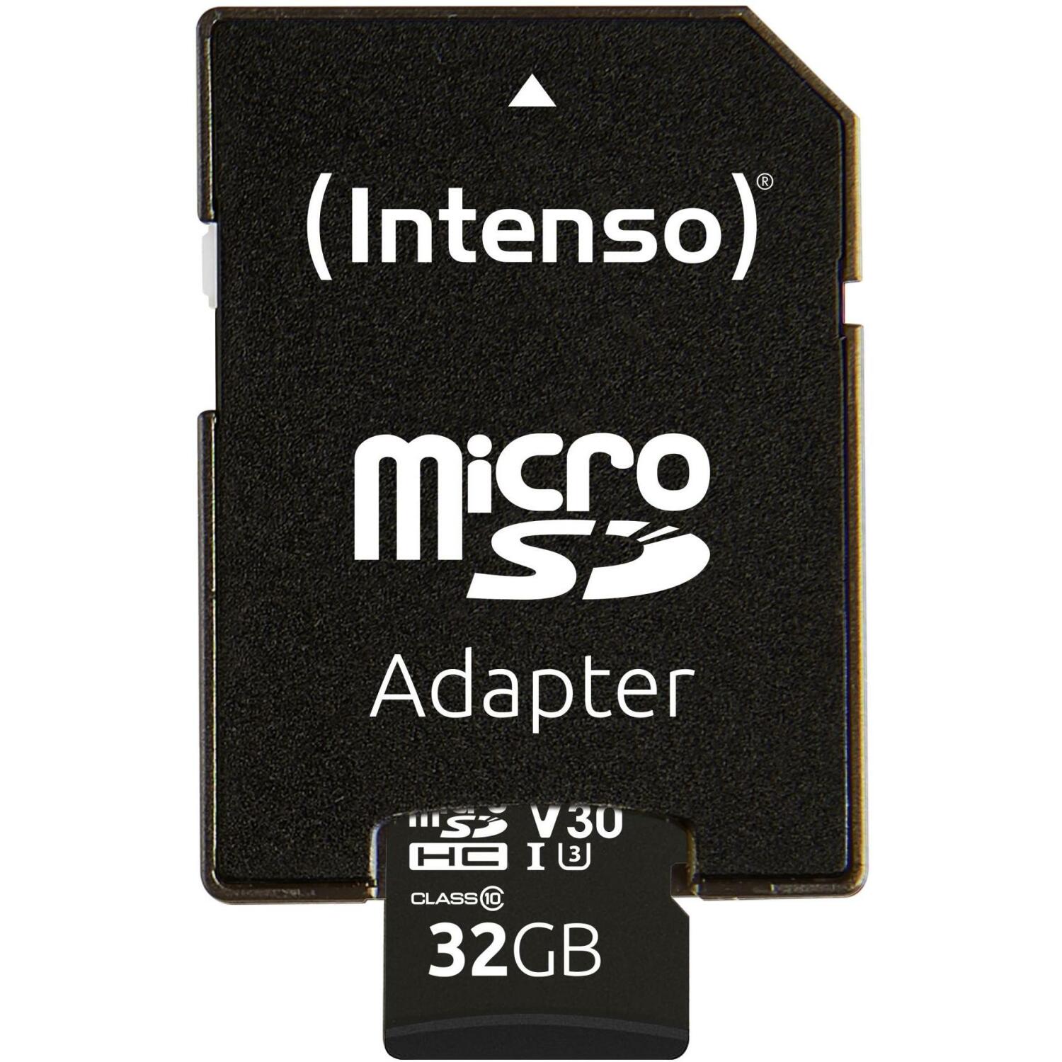 Intenso карта памяти microSDHC 3433480 32 ГБ, скорость чтения 100 МБ/с, скорость записи 45 МБ/с, UHS 3, V30, адаптер в комплекте (3433480)