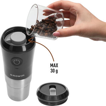 Browin 320503 elektriskā kafijas dzirnaviņas ar brūvētāju un termokrūzi, 6W, 30g, 180ml, 1200mAh, Micro-USB (320503)