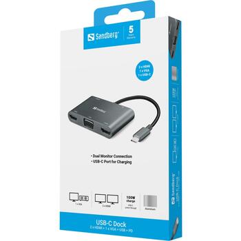 Sandberg 136-35 USB-C док-станция, 2xHDMI, 1xVGA, 1xUSB-A, USB-C PD 100W, 4K/30Гц, алюминий, серый (136-35)