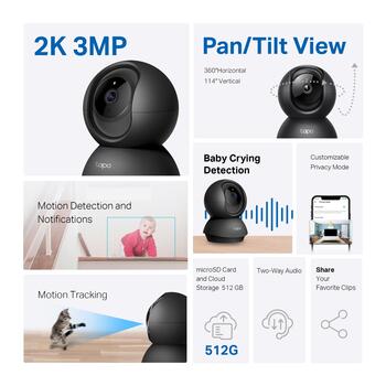 Tp-Link Pan/Tilt домашняя WI-FI камера Tapo C211, 2K 3MP, 340°/70° панорамирование/наклон, 30ft ночное видение, двусторонний звук (TAPOC211)