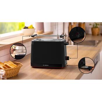Bosch kompaktais tosteris TAT3M123, 950 W, 2 šķēles, plastmasa, melns, augsta pacelšana, automātiska izslēgšanās (TAT3M123)