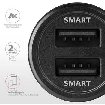 Axagon Lādētājs automašīnai PWC-5V5 24W, 2x USB-A 5V/2.4A, strāvas adapteris, 12-24V, melns, ātrā uzlāde, OCP, OVP, OTP, OSP (PWC-5V5)