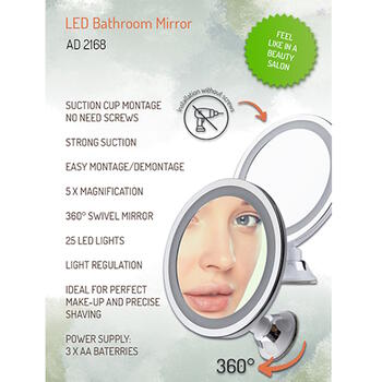 Super ērts LED apgaismojuma Make-Up spogulis ar galda statīvu un sienas fiksāciju 20 cm ar 2×AAA barošanu Balts AD2168 Adler (AD 2168)