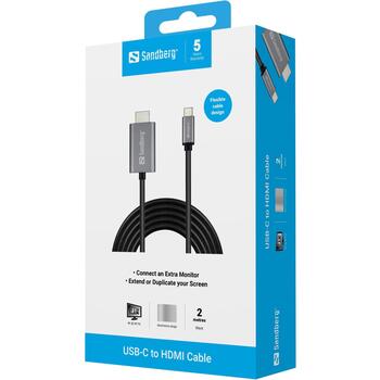 Sandberg 136-21 кабель USB-C-HDMI, 2м, 4K 60Гц, HDCP 2.2, алюминиевый корпус, прямые разъемы (136-21)