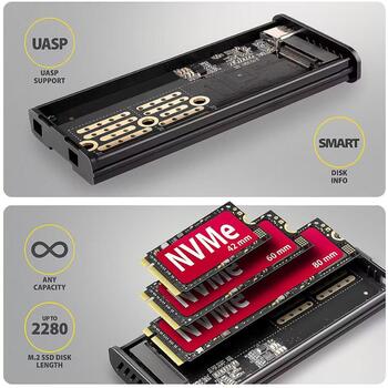 EEM2-SD2B Obudowa zewnętrzna aluminiowa bezśrubowa USB-A/C 3.2 Gen2 M.2 NVMe/SATA wyświetlacz LED, czarny (EEM2-SD2B)