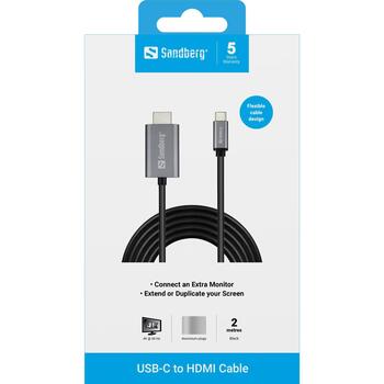 Sandberg 136-21 кабель USB-C-HDMI, 2м, 4K 60Гц, HDCP 2.2, алюминиевый корпус, прямые разъемы (136-21)