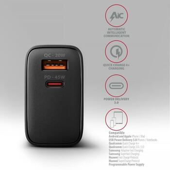 Axagon настенный зарядное устройство ACU-PQ45 45W, 2xUSB-A, 1xUSB-C, 100-240V, QC4+, PD3.0, черный, защита питания (ACU-PQ45)
