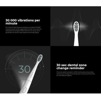 Bērnu ultraskaņas elektriskā zobu birste 30000rpm 3 režīmi 1 uzgalis 2 uzlīmes līdz 100 dienām IPX7 balta ADB0007 Aeno (ADB0007)