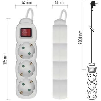 Emos Удлинитель P1322, 2м, 3x2P+PE, выключатель, белый, PVC, 3680W, защита от детей, H05VV-F3G 1mm2 (P1322)