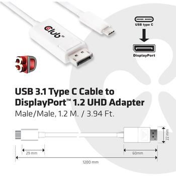 Club3D Видео кабельный адаптер CAC-1517, 1.2 м, USB Type C, DisplayPort 1.2, 3840 x 2160, 120 Гц, активный видеопреобразователь (CAC-1517)