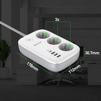 Tellur Умная WiFi Удлинитель TLL331521, 3 розетки, PD 30W, QC 18W, 2xUSB 2.4A, 2500W, 10A, 2m, защита от детей (TLL331521)