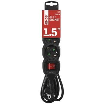 Emos Удлинитель PC1321R, 1,5м, 3×2P+PE, 3680W, PVC, с выключателем, черный, защита от детей (PC1321R)