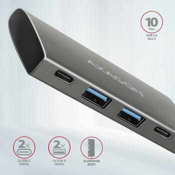 Axagon USB centrmezgls HMC-4G2 4 porti, 2x USB-A 10 Gbps, 2x USB-C 10 Gbps, strāvas kabelis 13 cm (HMC-4G2)