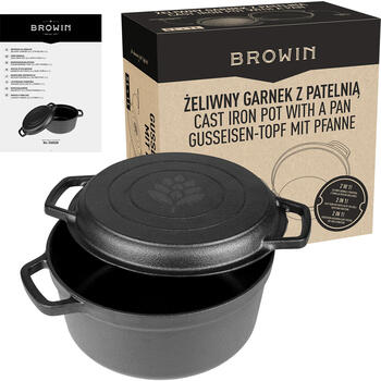Browin čuguna katls ar pannu 330528, 5 l, 1 l, 26 cm, 21 cm, 12 cm, 15 cm, rokturi, vāks, grila panna, indukcijas, gāzes (330528)