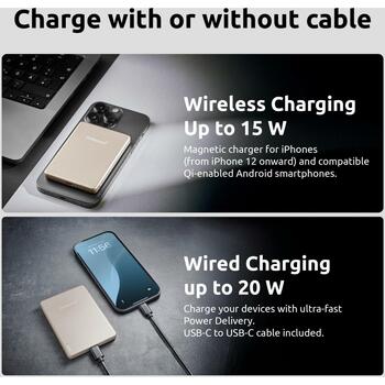 Intenso Power Bank 7344021 5000 мАч, 15 Вт беспроводная зарядка, 20 Вт USB-C PD, совместим с MagSafe, шампанское (7344021)