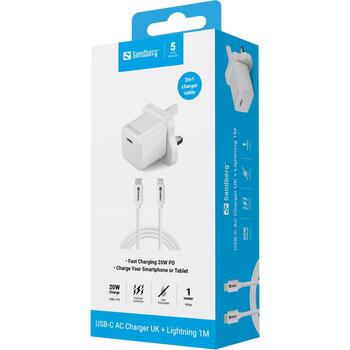 Sandberg USB-C lādētājs 441-64, 230V, 20W PD, 1x USB-C, 1m Lightning kabelis, balts (441-64)