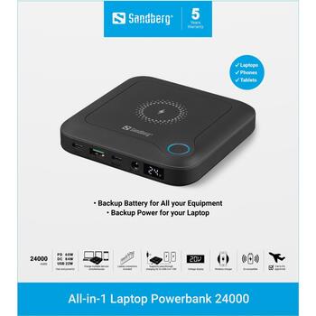 Sandberg 420-57 All-in1 klēpjdatora powerbank, 24000mAh, 88,8Wh, 20V/3A, USB-C, bezvadu, Quick Charge 2.0, melns (420-57)
