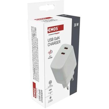Emos Универсальное USB настенное зарядное устройство GaN V03G35, 35 W, 100–240 V, 2x USB, быстрая зарядка, защита от перегрузки (V03G35)