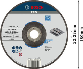 Slīpēšanas ripa 180X22X6 mm, metālam, Lielām leņķa slīpmašīnām ar fiksācijas uzgriezni PRO METAL SLĪPRIPA, 2608600315, BOSCH (2608600315)