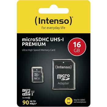 Intenso карта памяти micro SDHC 3423470 16 ГБ, скорость чтения 90 МБ/с, UHS-I, класс 10, адаптер в комплекте (3423470)