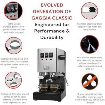 Gaggia кофемашина RI9481/11 Classic E24, 15 бар, 2.1 л, взбиватель молока, полуавтоматическая, шлифованная нержавеющая сталь (RI9481/11)