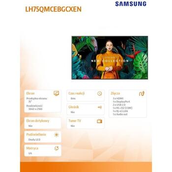 Samsung profesionālais monitors QM75C LH75QMCEBGCXEN, 75'', 500(cd/m2), 3840 x 2160, 2xUSB 2.0, 1xRS-232, 1xRJ-45, 1xAudio out (LH75QMCEBGCXEN)