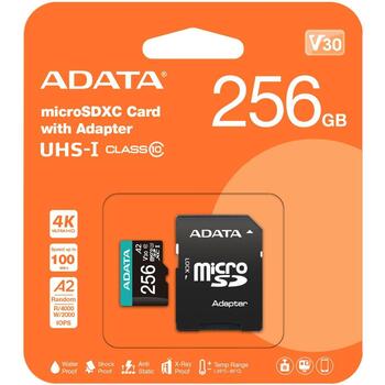 Adata карта памяти micro SDXC AUSDX256GUI3V30SA2-RA1 256 ГБ, скорость чтения 100 МБ/с, скорость записи 80 МБ/с, UHS-I, U3, V30 (AUSDX256GUI3V30SA2-RA1)