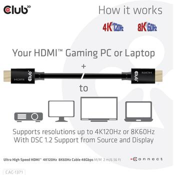 Club3D HDMI кабель на HDMI 1м CAC-1371, 48 Гбит/с, 10K 120Hz, 2.1, черный, прямой разъем, позолота (CAC-1371)
