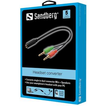 Sandberg 508-67 Переходник для гарнитуры, 2x3,5мм штекер, 3,5мм гнездо, черный (508-67)
