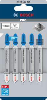 5 figūrzāģa asmeņi T 118 GFS Basic for Inox, Figūrzāģiem PRO STAINLESS STEEL T118GFS FIGŪRZĀĢA ASMENS, 2608636496, BOSCH (2608636496)