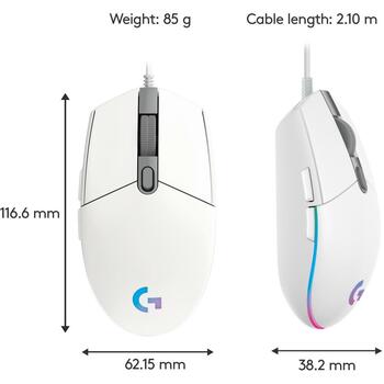 Logitech USB оптическая мышь G203/WHITE 910-005797, 8000 DPI, 6 кнопок, RGB подсветка, 2.1m кабель (910-005797)