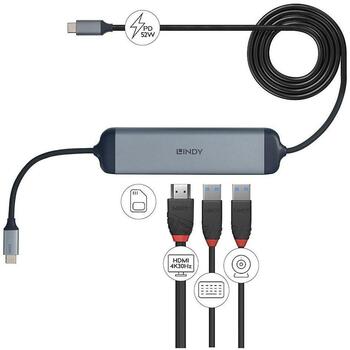 Lindy dokstacija 43326, 1 HDMI, 1 USB-C, 2 USB 3.2, 1 SD, 1 microSD, 4K atbalsts, 1.4m strāvas kabelis (43326)