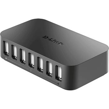 D-Link USB centrmezgls DUB-H7/E, 7x USB 2.0, 480 Mbit/s, 2.4 A, melns, Plug and Play, Mac saderība (DUB-H7/E)
