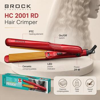 Brock HC 2001 RD керамические гофре для волос, 35 Вт, 230 В, 20 мм, 1.9 м, красный (HC 2001 RD)