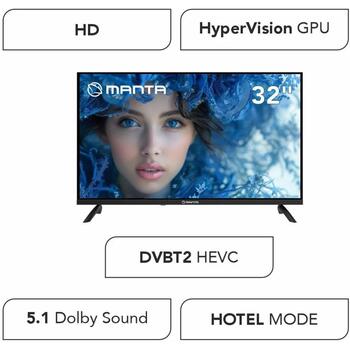Manta televizors MATV001LHN32, 32 collas, 1366 x 768, 3000:1, 30000:1, 2x8 W, 2xUSB 2.0, 2xHDMI, 1xCI+, viesnīcas režīms (MATV001LHN32)