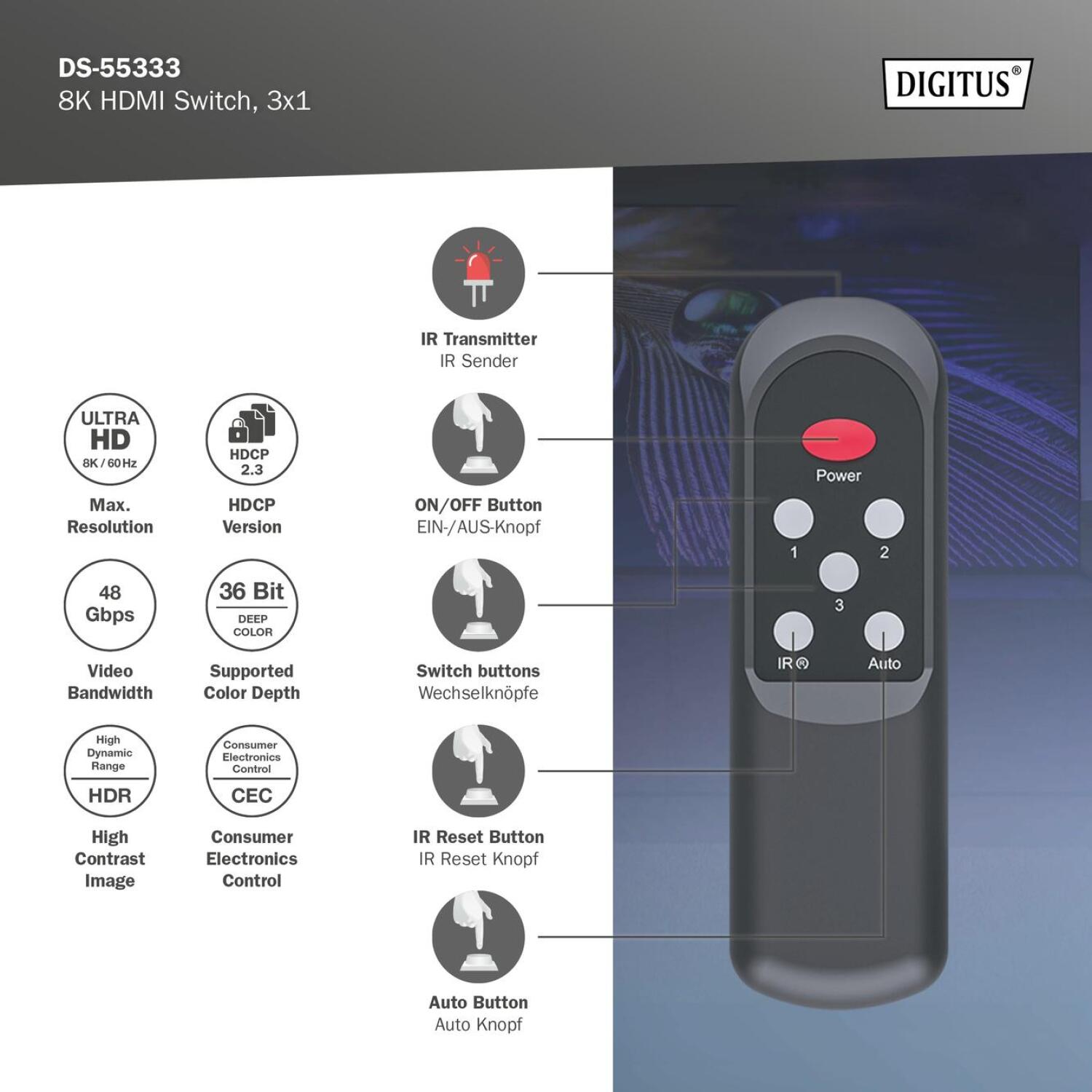 Digitus HDMI коммутатор, 3x1, DS-55333, 4xHDMI, 48Gbps, металлический корпус, поддержка HDR (DS-55333)