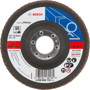 Slīppap.slīpšķ.metal D 115 mm, K 60, 1 gab., Mazām leņķa slīpmašīnām X551 EXPERT FOR METAL VĒDEKĻVEIDA DISKI, IZLIEKTĀ VERSIJA, 2608606753, BOSCH (2608606753)